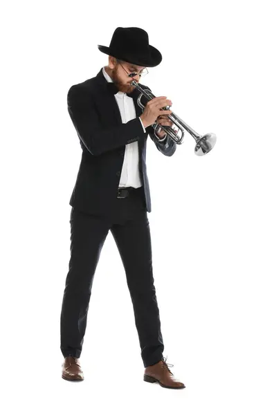 stock image Handsome musician playing trumpet on white background