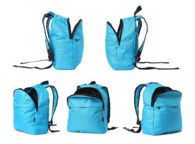 Açık mavi sırt çantası beyaz üzerinde izole, farklı taraflardan görünüm