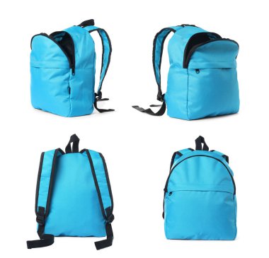 Açık mavi sırt çantası beyaz üzerinde izole, farklı taraflardan görünüm