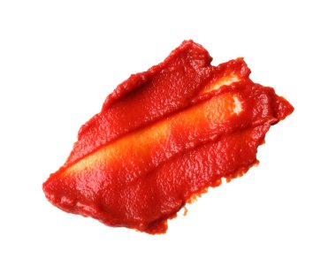 Lezzetli ketçap beyaza izole edilmiş, üst manzara. Domates sosu.