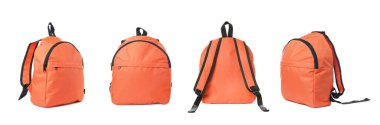 Parlak turuncu sırt çantası beyaza izole edilmiş, farklı taraflardan görünüyor.