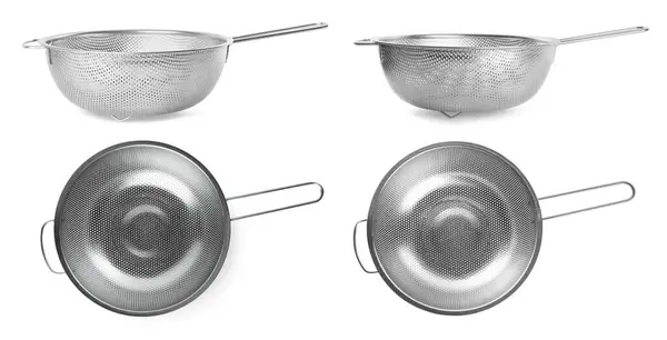 stock image Clean sieves isolated on white, top and side views