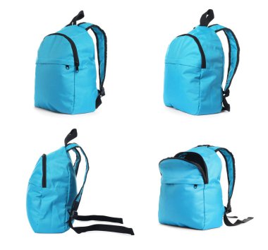 Açık mavi sırt çantası beyaz üzerinde izole, farklı taraflardan görünüm