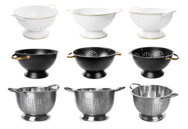 Set of different colanders isolated on white clipart