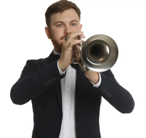 stock image Handsome musician playing trumpet on white background