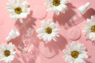 Güzel papatya çiçekleri, kozmetik şişesi, pembe arka planda pipetler ve damlalar, düz bir zemin.