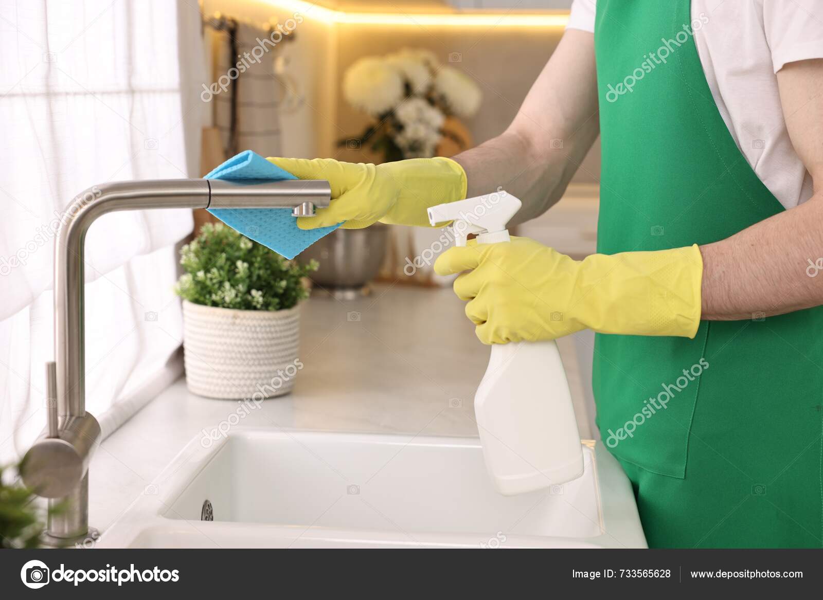 Professional Janitor Cleaning Tap Rag Detergent Kitchen Closeup — Stock ...