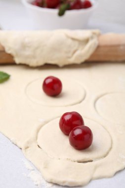 Process of making dumplings (varenyky) with cherries. Raw dough and ingredients on light table, closeup clipart