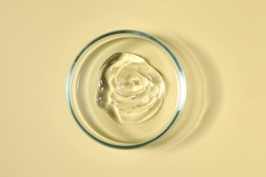 Bej arka planda numune içeren petri kabı, üst görünüm