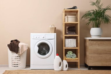 Çamaşır odasının içini çamaşır makinesi, mobilya ve bitki örtüsüyle süsleyin.