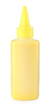 Bir şişe sarı yazıcı mürekkebi beyaza izole edilmiş.