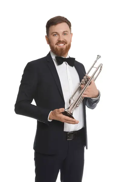 stock image Smiling musician with trumpet on white background