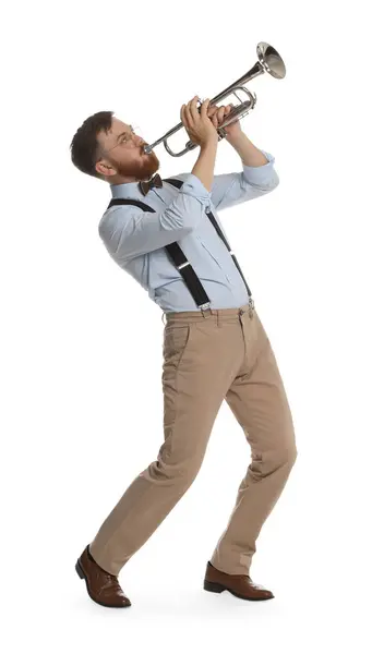 stock image Handsome musician playing trumpet on white background