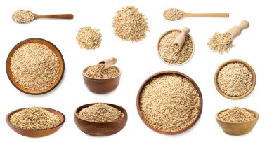 İnci arpası beyaz arka planda kaselerde homurdanıyor, set