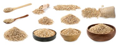 İnci arpası beyaz arka planda kaselerde homurdanıyor, set