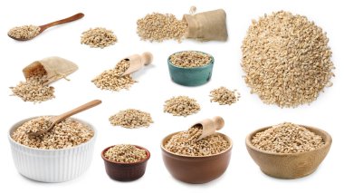 İnci arpası beyaz arka planda kaselerde homurdanıyor, set