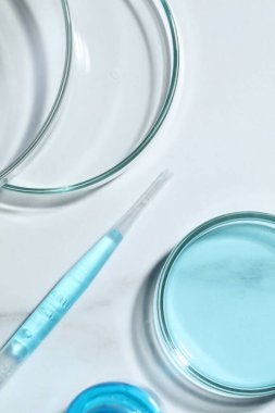 Pipette ve petri kapları beyaz mermer masa üzerinde sıvı, düz yatıyordu