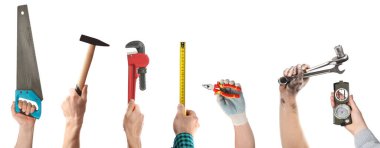 Farklı meslekler. İnsanların elindeki birçok alet beyaz, yakın çekim izole edilmiş.