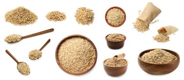 İnci arpası beyaz arka planda kaselerde homurdanıyor, set