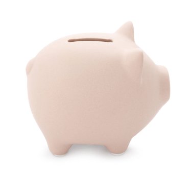 Beyazda izole edilmiş bir bej kumbara.