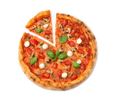 Fesleğenli, mantarlı, mozarellalı ve domatesli leziz pizza.