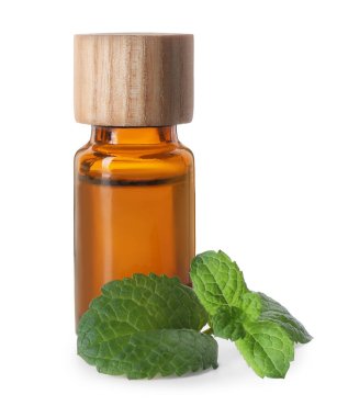 Beyaz üzerine izole edilmiş bir şişe yağ ve nane şekeri.