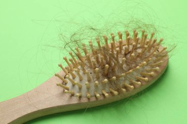 Açık yeşil arka planda saçlarını kaybetmiş bir fırça. Alopecia sorunu