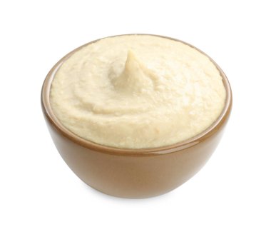 Beyaz kasedeki leziz humus.