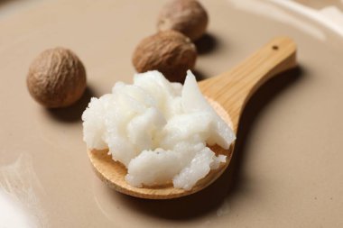 Natural shea butter in spoon and nuts on plate, closeup clipart