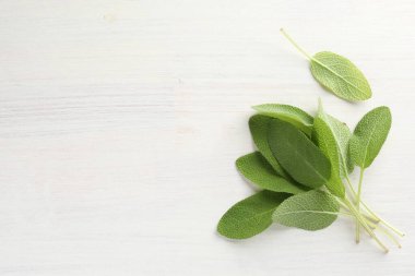 Açık ahşap masada taze adaçayı yaprakları, üst manzara. Metin için boşluk