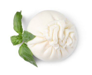 Taze lezzetli burrata peyniri ve fesleğen beyaz, üst manzara