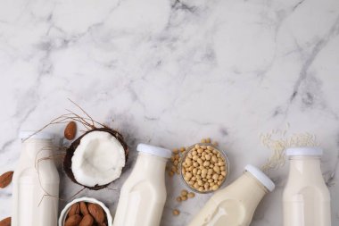 Farklı türde vejetaryen sütü şişelerde ve beyaz mermer masa üzerindeki malzemeler düz yerde. Metin için boşluk