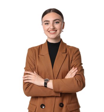Beyaz arka planda kahverengi ceketli güzel kadın.
