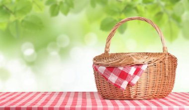 Kırmızı kareli peçeteli hasır piknik sepeti doğada, pankart tasarımı. Metin için boşluk