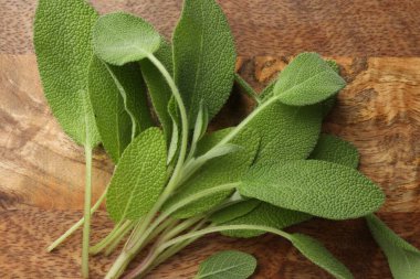 Ahşap masada yeşil adaçayı yaprakları, üst manzara.