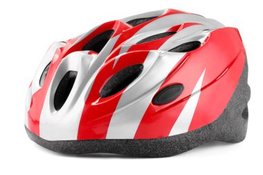 Beyaza izole edilmiş renkli bir koruyucu kask.