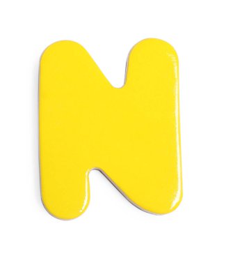 Sarı manyetik harf N beyaz üzerinde izole, üst görünüm. Alfabe