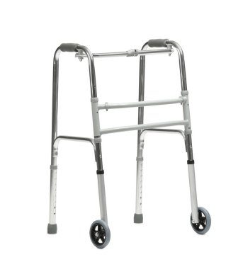 Bir metal yürüyen çerçeve beyaz üzerinde izole