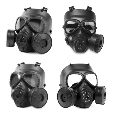 Siyah gaz maskesi beyaza izole edilmiş, kolaj