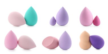 Beyaza izole edilmiş farklı makyaj süngerleri.