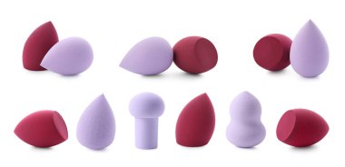 Beyaza izole edilmiş farklı makyaj süngerleri.