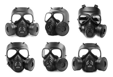 Siyah gaz maskesi beyaza izole edilmiş, kolaj