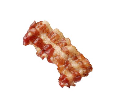 Beyaza izole edilmiş bir dilim kızarmış domuz pastırması.