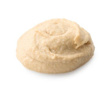 Beyaza izole edilmiş lezzetli humus örneği.