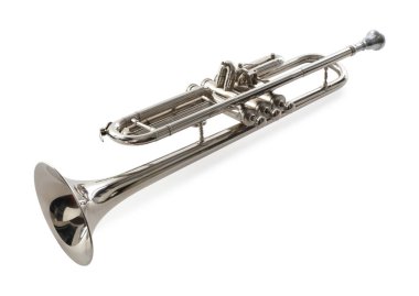 Parlak trompet beyazda izole edilmiş. Rüzgar müzik aleti