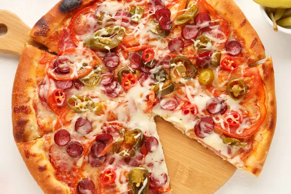 stock image Delicious pizza Diablo on white table, top view