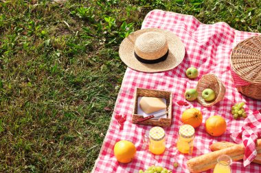 Piknik sepeti, farklı atıştırmalıklar, meyve suyu ve yeşil çimlerin üzerinde şapka, mesaj için yer