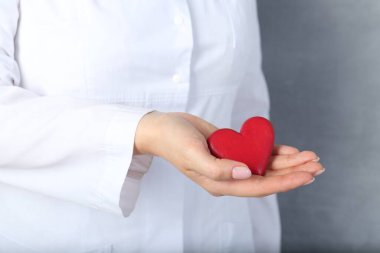Gri arka planda kırmızı kalbi tutan doktor, yakın plan.