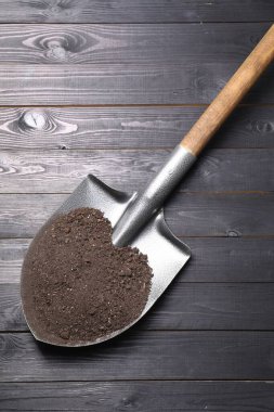 Siyah ahşap masa üzerinde toprak olan metal kürek, üst manzara.