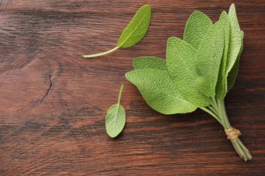 Ahşap masa üzerinde yeşil adaçayı yaprakları, üst manzara. Metin için boşluk